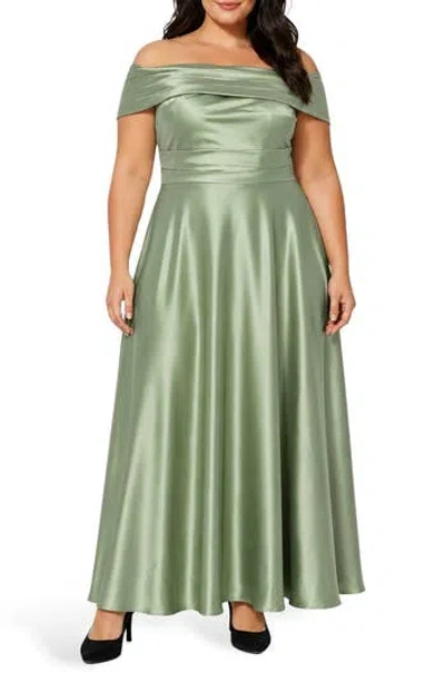 Oleg Cassini Ruched Off The Shoulder Satin Gown In Green