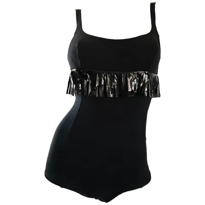 Pre-owned Oleg Cassini 1960s  Black Vinyl Fringe Vintage 60s Swimsuit Or Bodysuit Onesie
