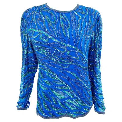 Pre-owned Oleg Cassini 1980s  Blue + Green Fully Sequin Beaded Size Medium Silk 80s Blouse
