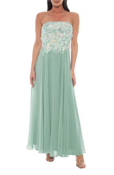Oleg Cassini 3d Floral Strapless Tule Gown In Green