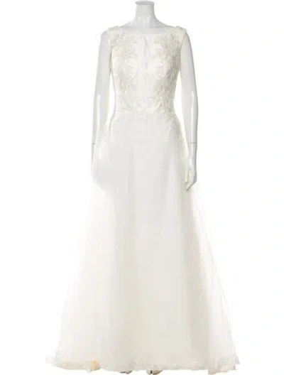 Pre-owned Oleg Cassini Bateau Neckline Long Dress In Neutral
