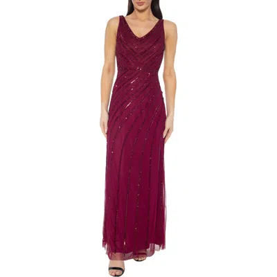 Oleg Cassini Beaded Gown In Burgundy