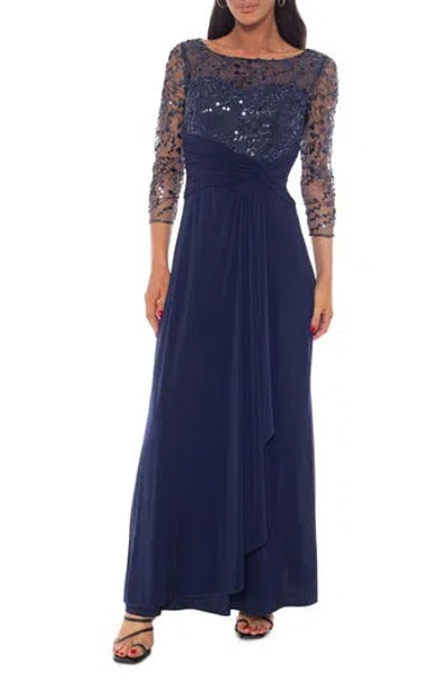 Oleg Cassini Beaded Illusion Neck Gown In Blue