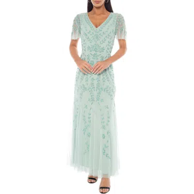 Oleg Cassini Beaded Mesh Dress In Green