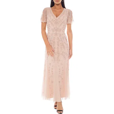 Oleg Cassini Beaded Mesh Dress In Pink