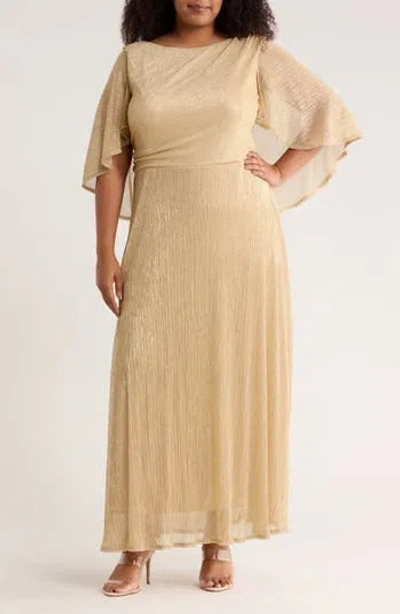 Oleg Cassini Capelet Metallic Pleated Gown In Gold