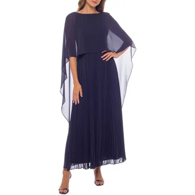 Oleg Cassini Capelet Overlay Pleated Chiffon Dress In Blue