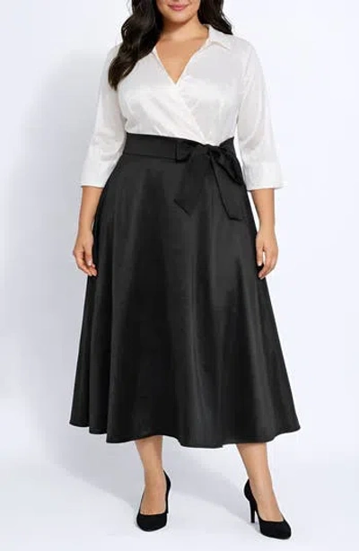 Oleg Cassini Colorblock Taffeta Shirtdress In Black/ White