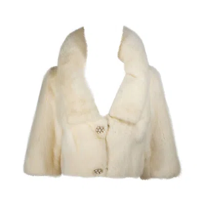 Pre-owned Oleg Cassini Cream Mink Jacket With Rhinestone & Faux Pearl Buttons Size 6-8 In White