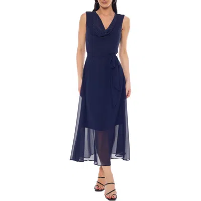 Oleg Cassini Embelished Cowl Neck Midi Dress In Navy