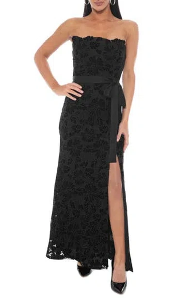 Oleg Cassini Embroidered Floral Lace Strapless Gown In Black