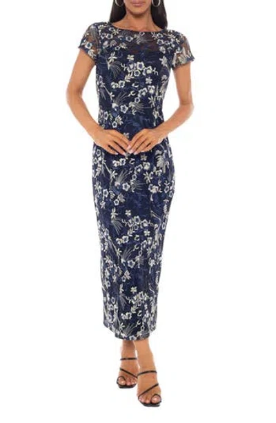 Oleg Cassini Embroidered Illusion Mesh Gown In Blue