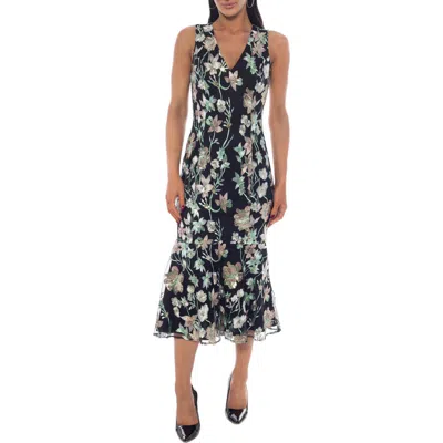 Oleg Cassini Embroidered Mesh V-neck Ruffle Midi Dress In Multi
