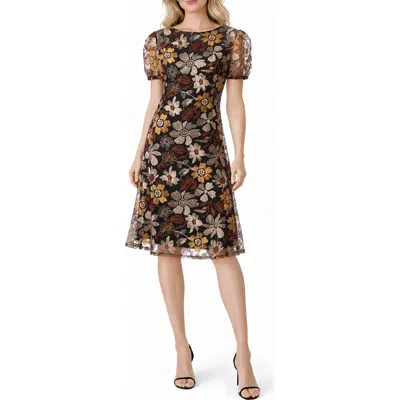 Oleg Cassini Embroidered Puff Sleeve Dress In Black