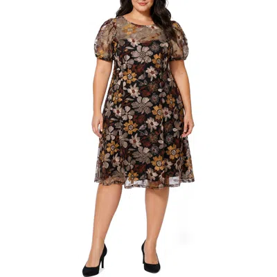 Oleg Cassini Embroidered Puff Sleeve Fit & Flare Dress In Brown