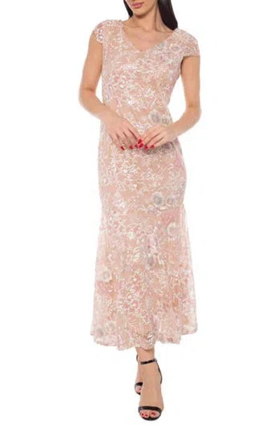 Oleg Cassini Embroidered Sequin V-neck Cap Sleeve Mermaid Dress In Neutral