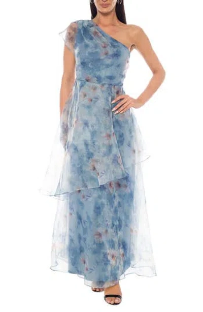 Oleg Cassini Floral One-shoulder Tiered Organza Gown In Blue