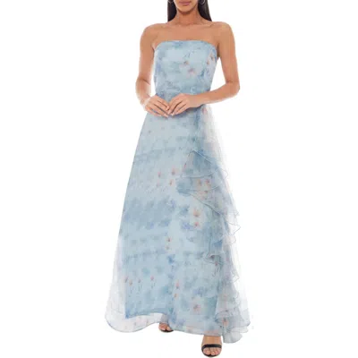Oleg Cassini Floral Print Strapless Organza Dress In Blue