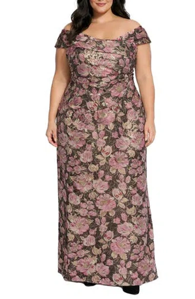 Oleg Cassini Floral Printed Brocade Off The Shoulder Gown In Multi