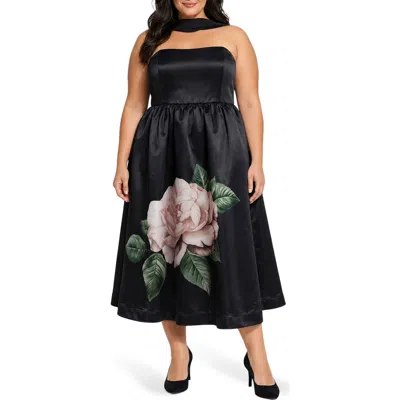 Oleg Cassini Floral Satin Midi Dress In Black
