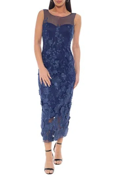 Oleg Cassini Illusion Embroidered Midi Dress In Navy