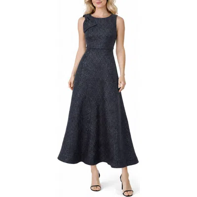 Oleg Cassini Jacquard Flower A-line Gown In Navy