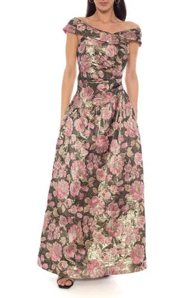 Oleg Cassini Metallic Floral Jacquard Off The Shoulder Gown In Multi