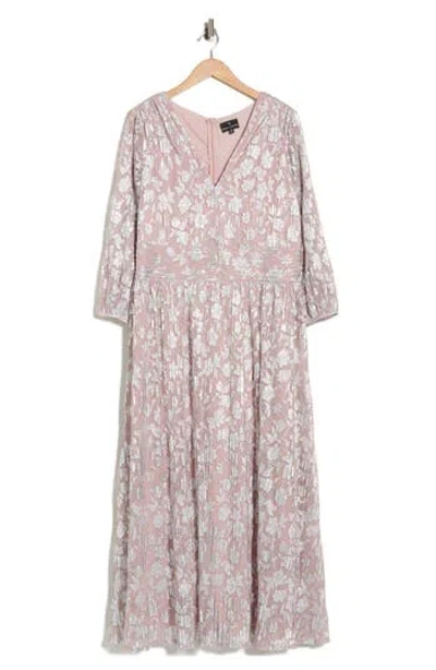 Oleg Cassini Metallic Floral Long Sleeve Gown In Pink