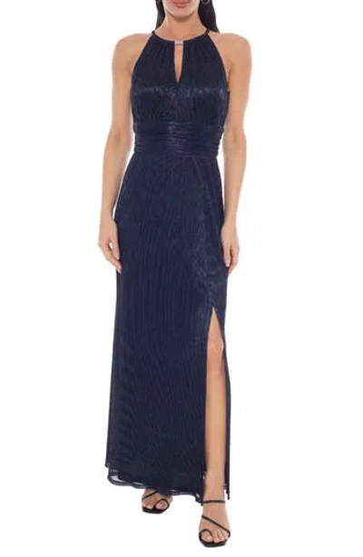 Oleg Cassini Metallic Pleated Gown In Black