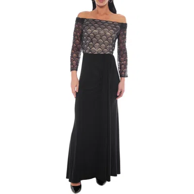 Oleg Cassini Off The Shoulder Beaded Gown In Black/ Nude