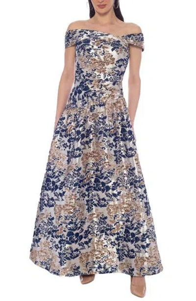 Oleg Cassini Off-the-shoulder Brocade Gown In Multi