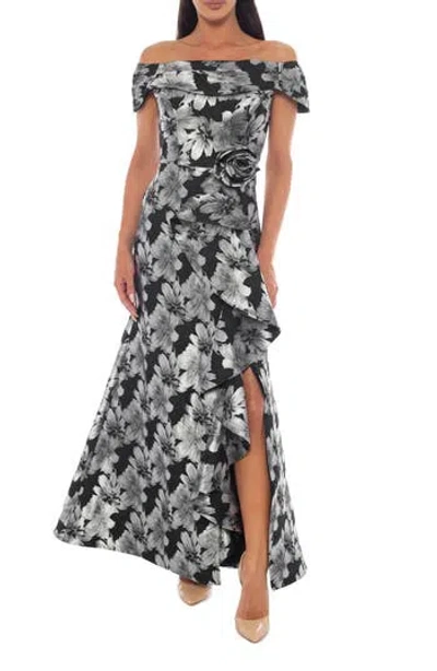 Oleg Cassini Off-the-shoulder Metallic Brocade Gown In Black