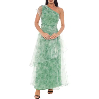 Oleg Cassini One Shoulder Floral Organza Gown In Green