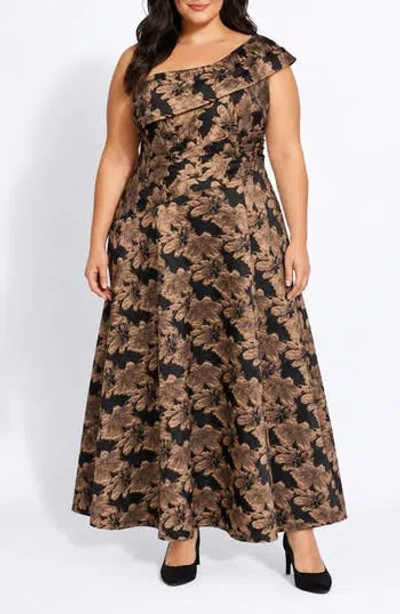 Oleg Cassini One-shoulder Brocade Ballgown In Brown