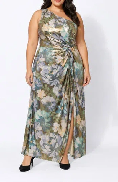 Oleg Cassini One-shoulder Metallic Knot Side Maxi Gown In Multi