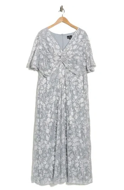 Oleg Cassini Pleated Foil Knot Gown In Gray