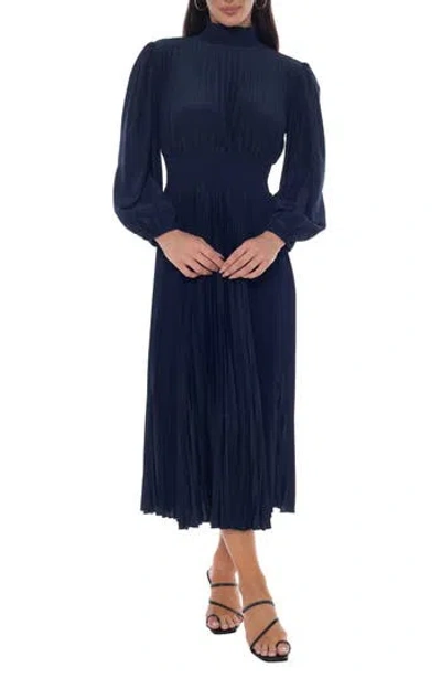 Oleg Cassini Pleated Long Sleeve Maxi Dress In Blue
