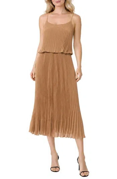 Oleg Cassini Pleated Popover Midi Dress In Brown