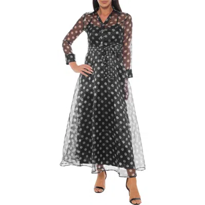 Oleg Cassini Polka Dot Long Sleeve Organza Shirtdress In Black