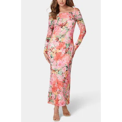 Oleg Cassini Print Lace Off The Shoulder Long Sleeve Maxi Dress In Multi