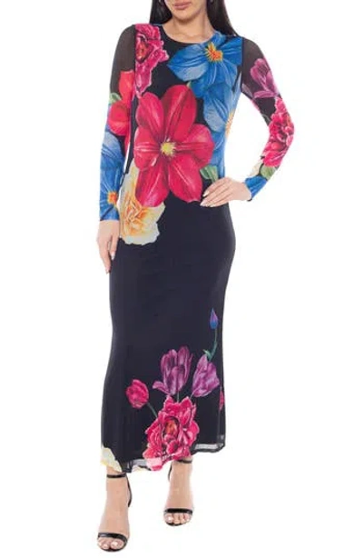 Oleg Cassini Printed Long Sleeve Mesh Maxi Dress In Multi