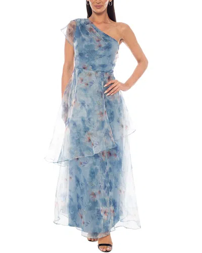 Oleg Cassini Printed Organza Gown In Blue Multi