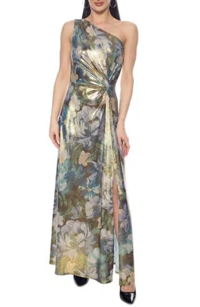 Oleg Cassini Printed Shine One-shoulder Gown In Multi