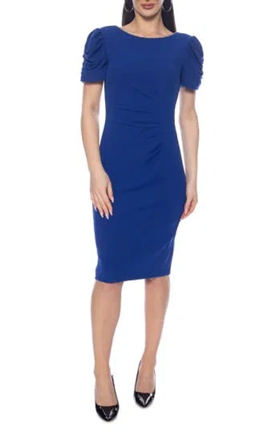 Oleg Cassini Puff Sleeve Scuba Crepe Midi Dress In Blue
