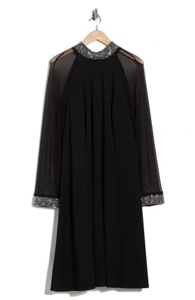 Oleg Cassini Rhinestone Embellished Long Sleeve Shift Dress In Black