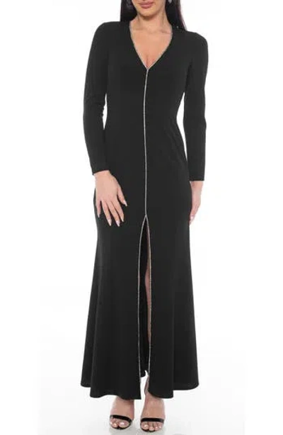 Oleg Cassini Rhinestone Trim Long Sleeve Gown In Black