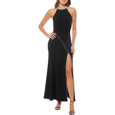 Oleg Cassini Rhinestone Trim Sleeveless A-line Gown In Black