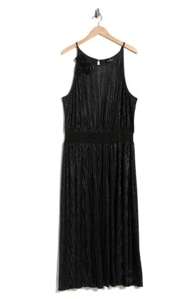 Oleg Cassini Rosette Sleeveless Foil Pleated Dress In Black