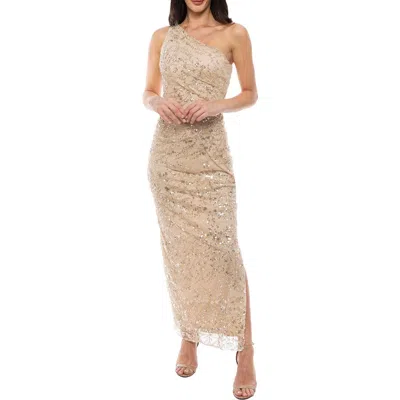 Oleg Cassini Sequin Branch One-shoulder Dress In Neutral