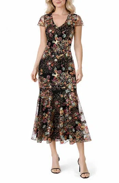 Oleg Cassini Sequin Floral Midi Dress In Black/ Multi